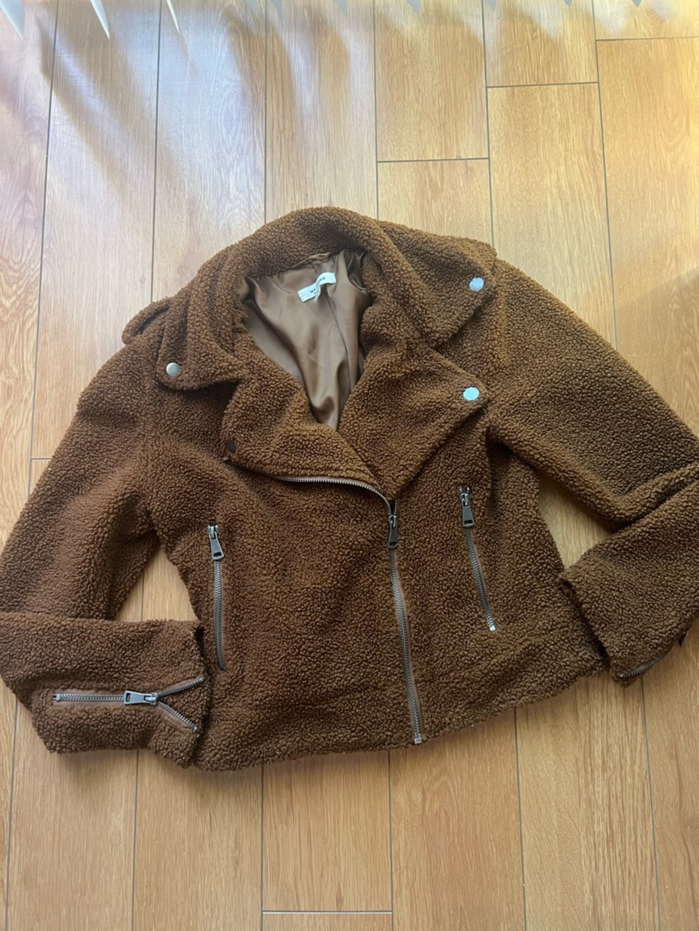 Max Studio Chestnut Brown Teddy Sherpa Moto Jacket